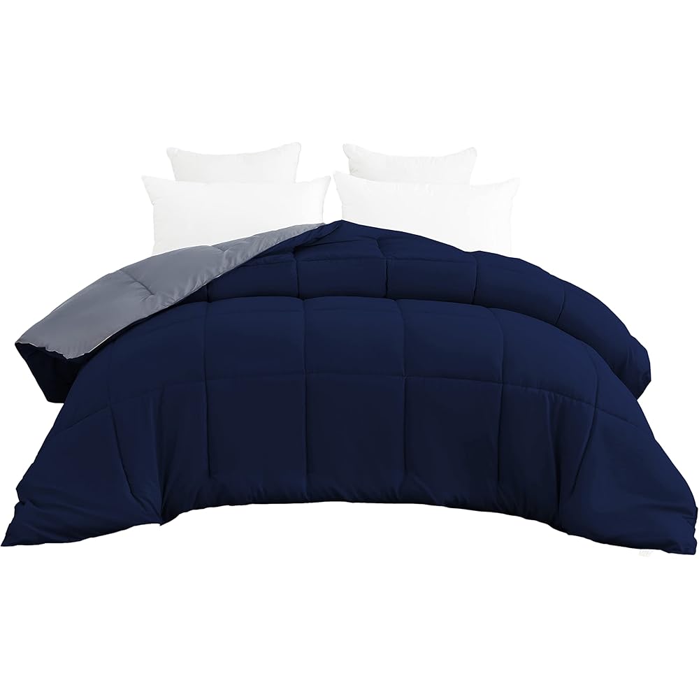 MOHAP Couette Bicolore 4 Saisons Couette d'été Légère 450g/m² 220x240cm Hypoallergénique Bicolore Bleu Foncé + Gris Foncé Couette de Lit Réversible 2 Personnes Edredon : Cuisine et Maison