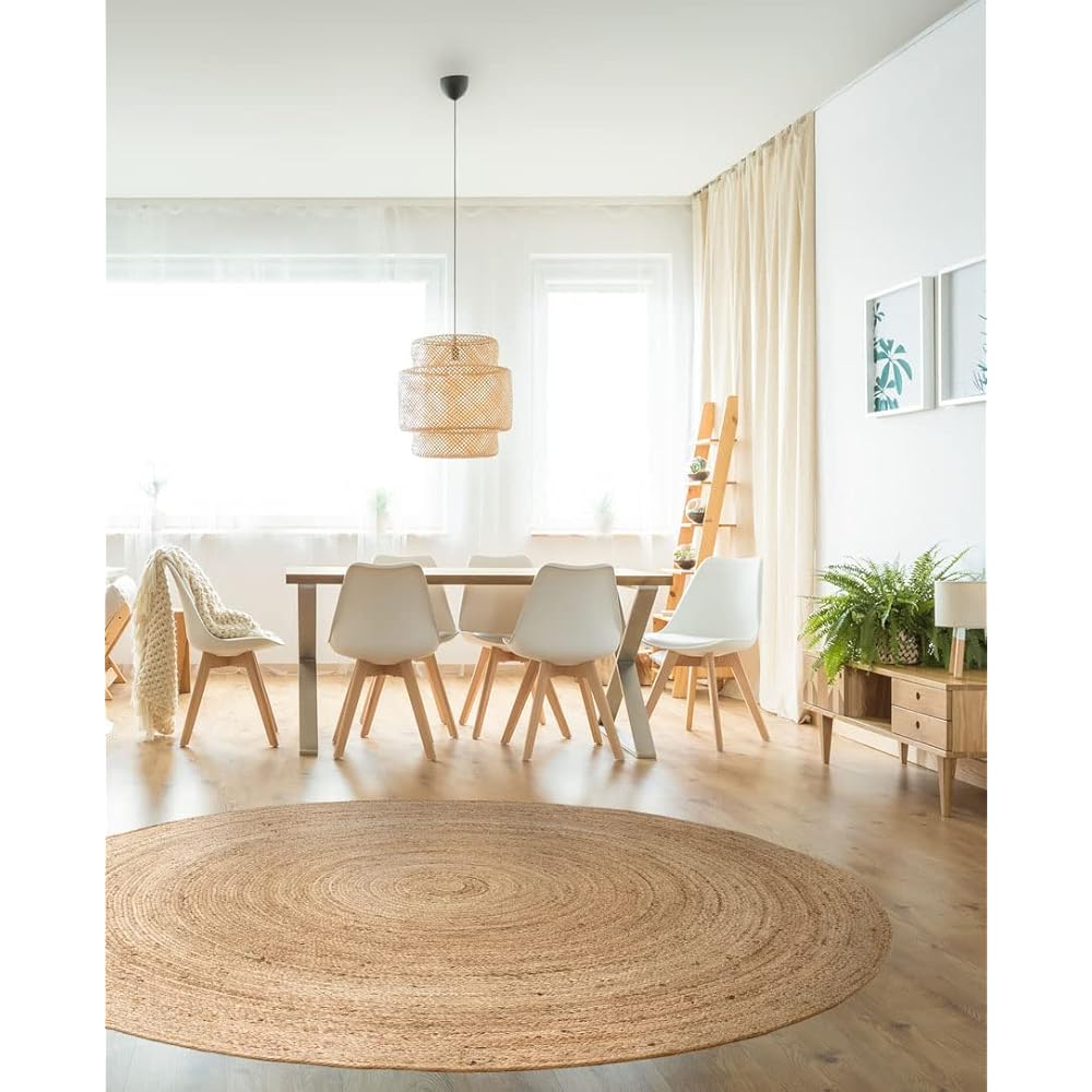 HAMID - Tapis Jute Naturel, Jute Alhambra Rond, Tressé à la Main, Tapis 100% Fibre de Jute pour Salon, Chambre, Décoration, (200x200cm) : Cuisine et Maison