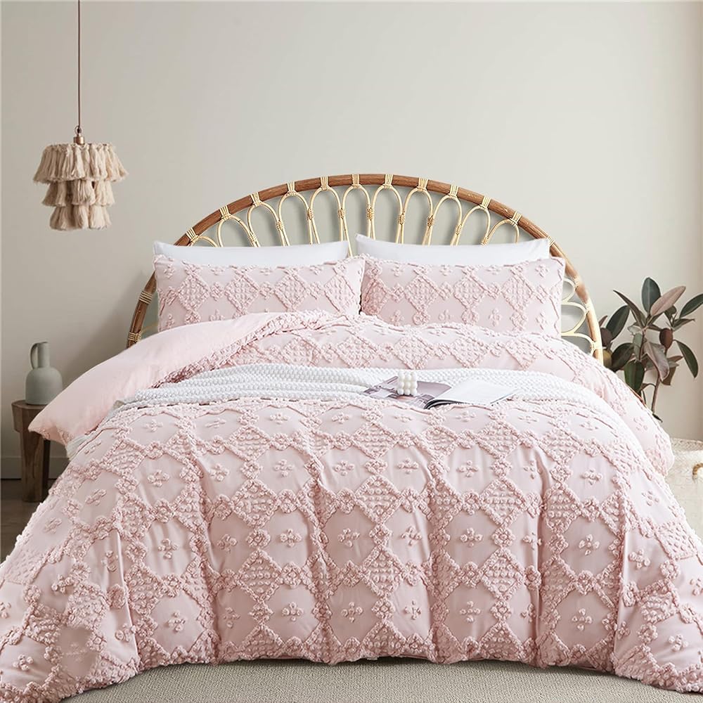Tospass Housse de Couette Bohème Style 240x260cm Rose Tuftée Broderie Parure de lit Adulte Boho 2 Personnes avec Fermeture Éclair Parure Housse Couette en Microfibre avec 2 Taie d'oreiller 65x65cm : Cuisine et Maison