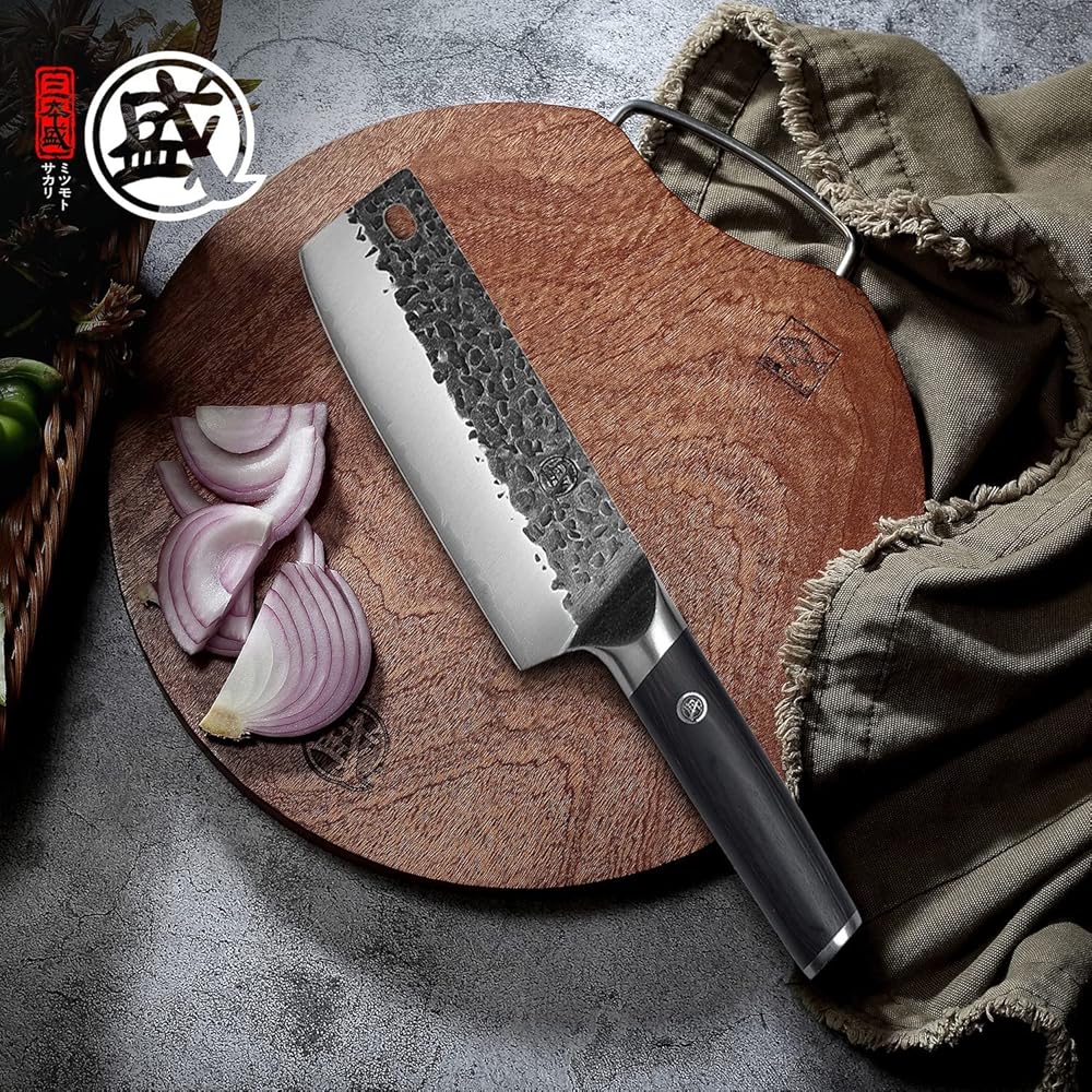 MITSUMOTO SAKARI Couteau Cuisine Nakiri 17 cm, Couteau Japonais en Acier Inoxydable à Haute Teneur en Carbone, Couteau de Cuisine Forgé à la Main (Manche en Bois de Pakka Boutique Boîte en bois) : Cuisine et Maison