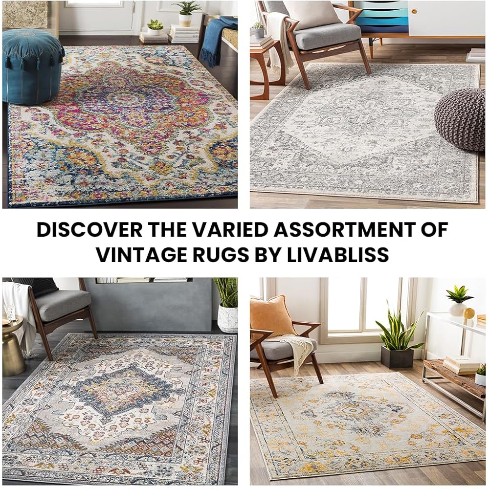 Livabliss Syracusa Tapis Vintage - Tapis de Salon, Salle à Manger, Chambre, Cuisine - Boheme Chic, Design Traditionnel Oriental Multicolore, Coloré Poil Court 160x220 cm - Gris et Ivoire : Cuisine et Maison