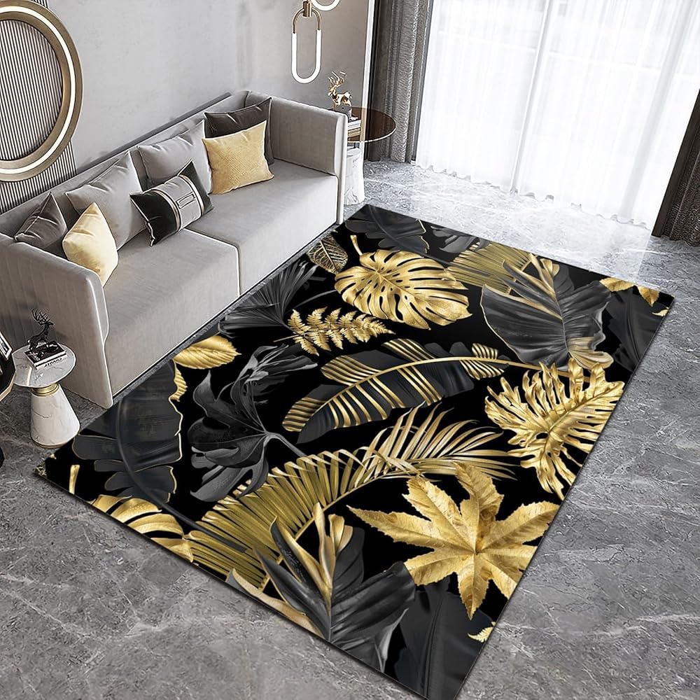 SANSJI Tapis de Chambre Luxe Noir Et Feuille d'or, Entretien Facile Intérieur Moquette, Feuille De Bananier Tropical Lavable Tapis Intérieur - pour Décor Chambre d'enfant 140 x 200 cm : Cuisine et Maison
