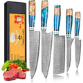 oFuun Set Couteau Cuisine, 5pcs Couteaux Damas, Couteaux Japonais Lame en Acier Damas 67, Lot de Couteaux Cuisine Professionnelle, Ergonomique Résine Bleue Handle : Cuisine et Maison