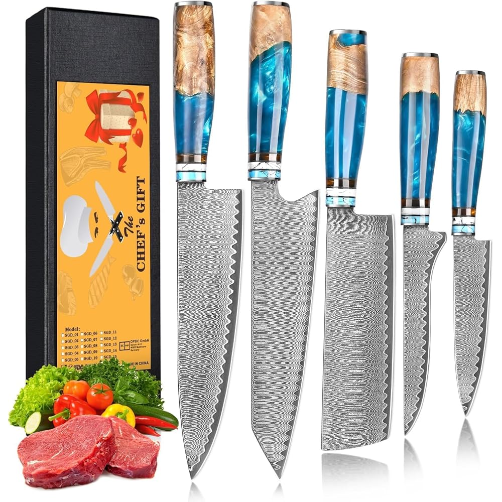 oFuun Set Couteau Cuisine, 5pcs Couteaux Damas, Couteaux Japonais Lame en Acier Damas 67, Lot de Couteaux Cuisine Professionnelle, Ergonomique Résine Bleue Handle : Cuisine et Maison