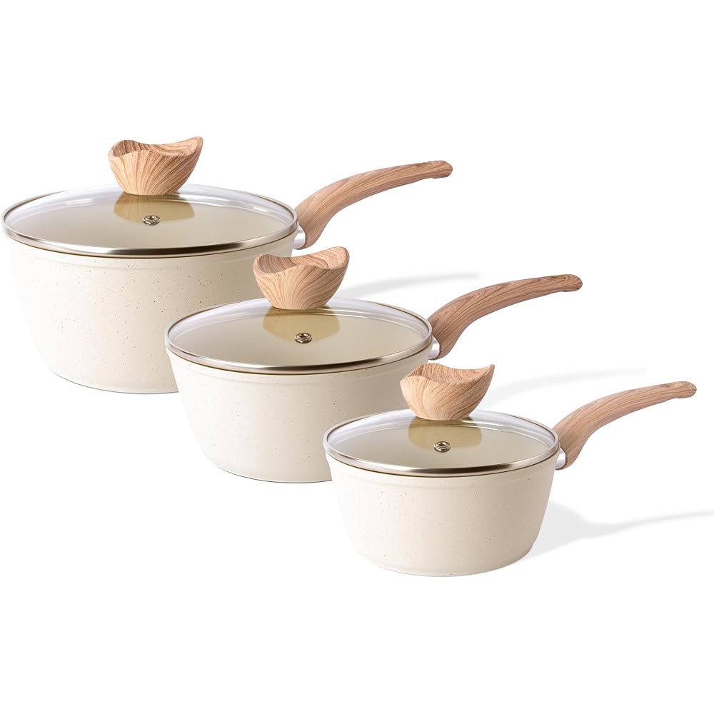 Nuovva Set de Casseroles Antiadhésives – Casserole à Induction avec Couvercle – Set de 3 Casseroles en Granit Crème – 16 cm, 18 cm, 20 cm – Par Nuovva. : Cuisine et Maison