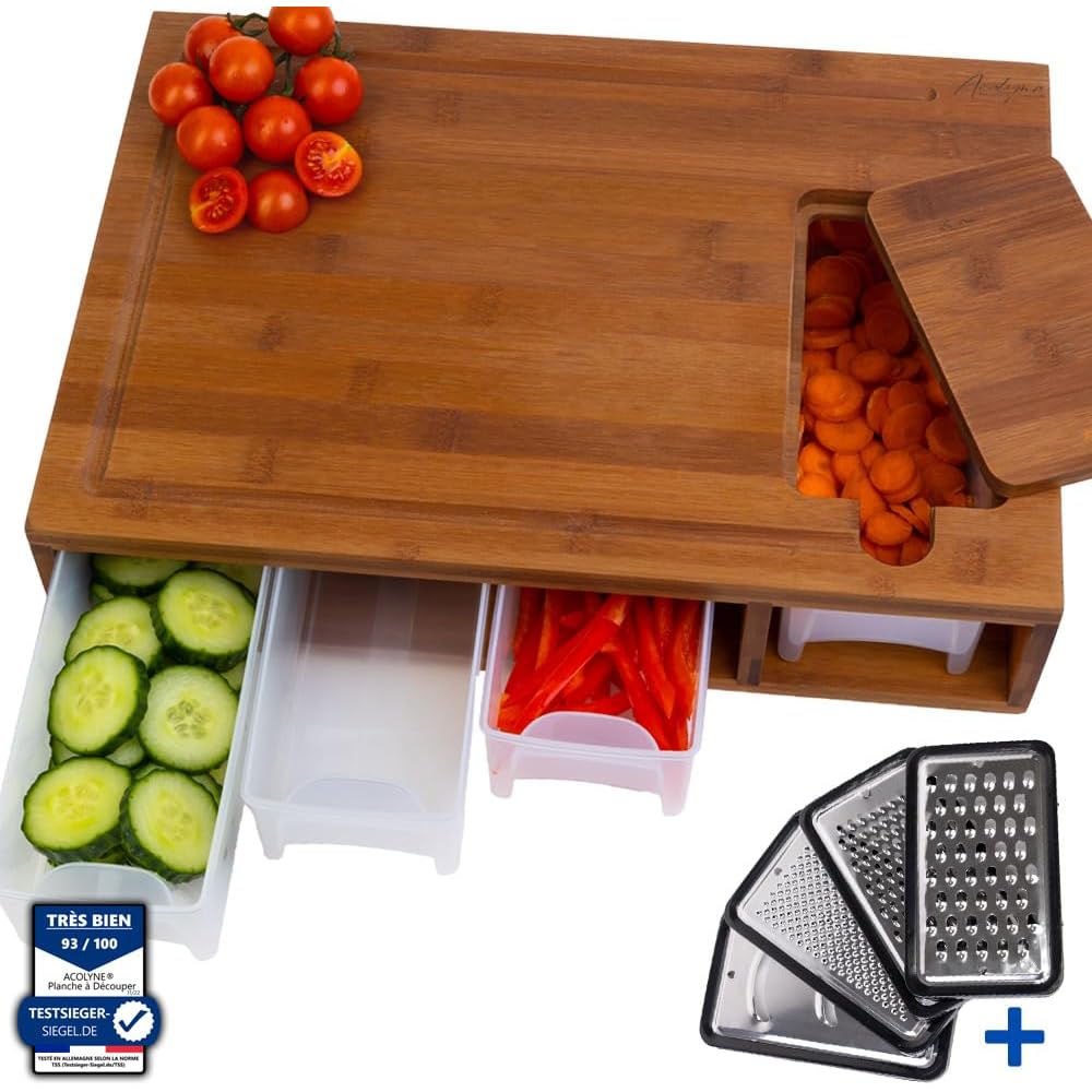 Acolyne® XXL planche découper à decoupe cuisine bois en bambou avec accessoires frankfurter brett de travail a accessoirisé découpé ipad planches place chopping board bac table récupération : Cuisine et Maison