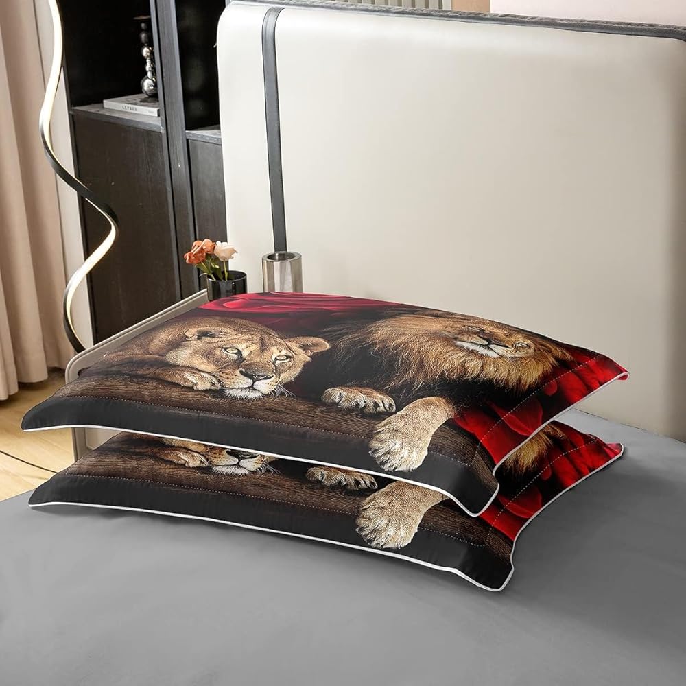 Parure de Lit 100% Coton 240x260 cm, Housse de Couette Lion Rose, Ensemble de Literie À Imprimé Floral Animalier, Literie sur Le Thème de La Nature, pour Enfants Jeunes Adultes, Ultra Doux : Cuisine et Maison