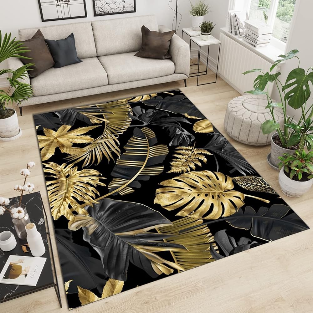 SANSJI Tapis de Chambre Luxe Noir Et Feuille d'or, Entretien Facile Intérieur Moquette, Feuille De Bananier Tropical Lavable Tapis Intérieur - pour Décor Chambre d'enfant 140 x 200 cm : Cuisine et Maison