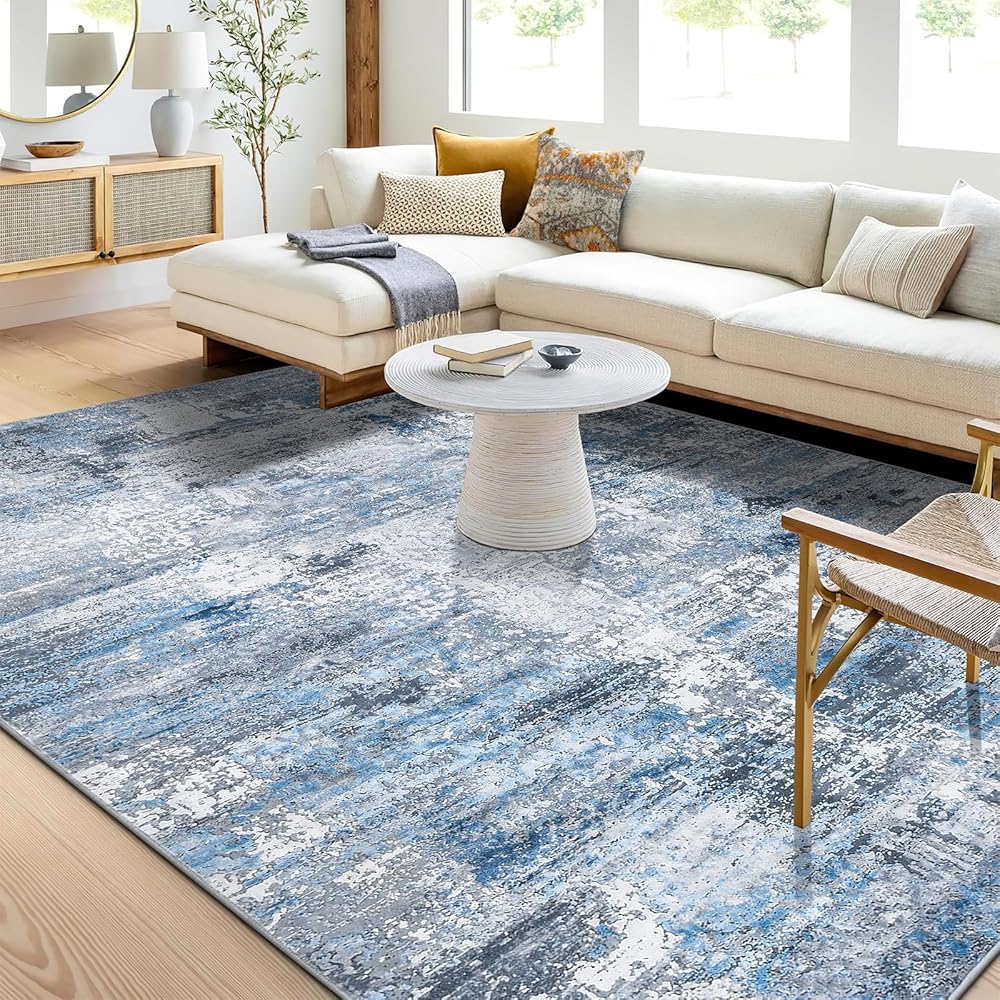 Guchuang Bedding Tapis de salon, 160 x 230 cm, bleu/gris, vintage, design abstrait, à poils courts, lavable, antidérapant, pour chambre à coucher : Cuisine et Maison