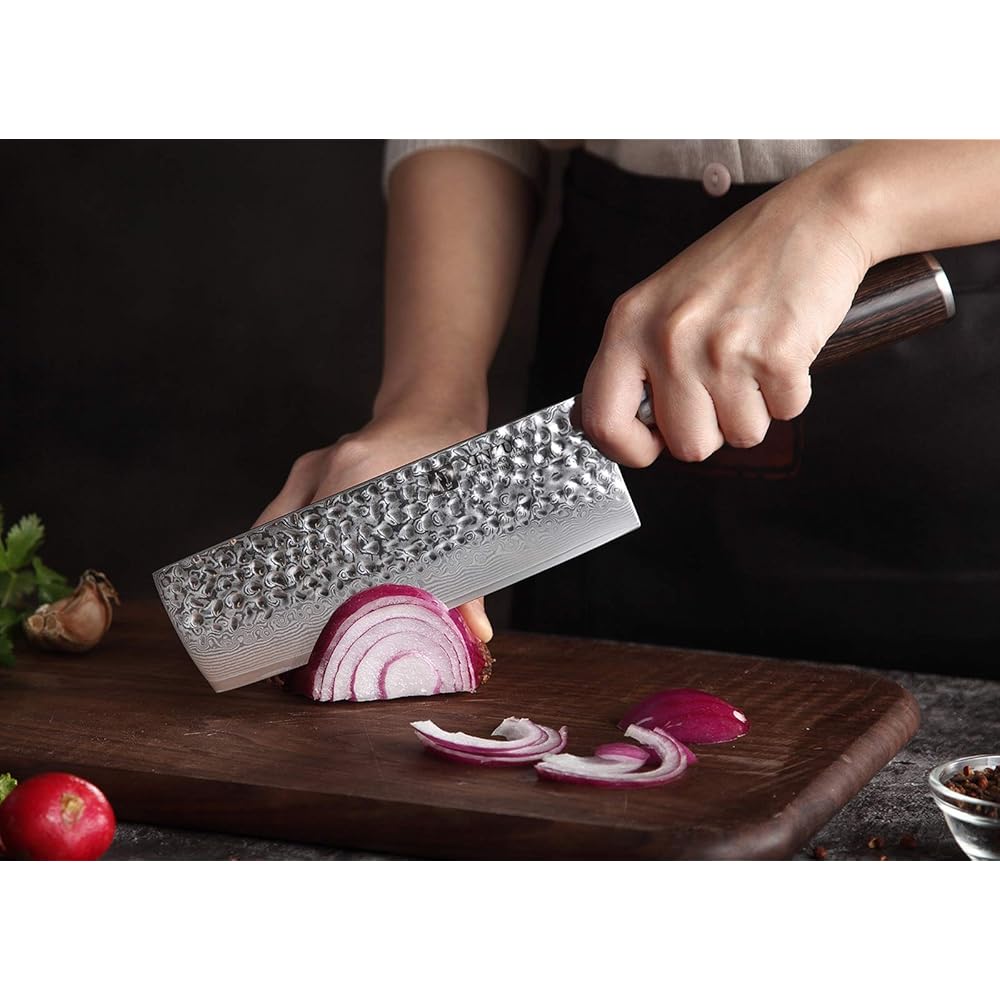 XINZUO 17cm Couteau Nakiri Acier Damas, Couteau à Légumes Chef en 10Cr15CoMoV Acier Damas, Professionnel Finition Martelée Lames Bien Tranchantes avec Poignée en Bois de Pakka -He Série : Cuisine et Maison