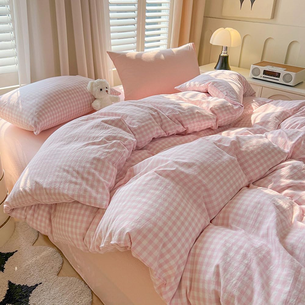 Nyescasa Housse de Couette 240x260 Rose et Blanc à Carreaux Vichy Moderne Parure de lit Adulte 2 Personnes en Microfibre Sets de Housses de Couettes avec Fermeture Éclair et 2 Taies d'oreiller 65x65cm : Cuisine et Maison