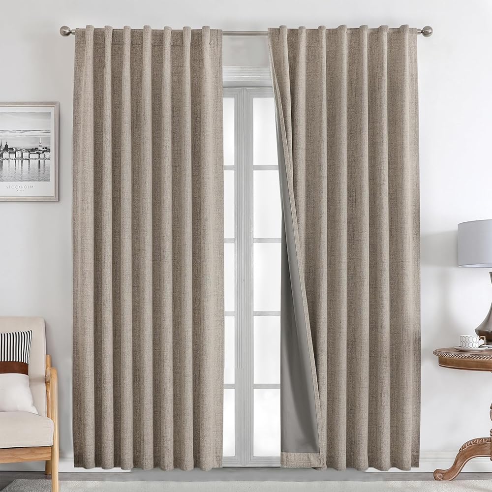 Joydeco 100% Rideau Occultant 2 Pièces, Lin Rideaux Thermique Isolant Anti Froid et Chaleur Opaque Lumiere à Languette Arrière et Passe TringleIsolation Anti Bruit UV Chambre Maison Salon : Cuisine et Maison
