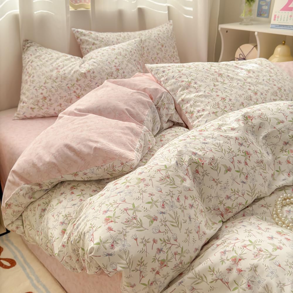 Covebett Housse de Couette Coton 220x240 Rose et Blanc Fleurie Floral Feuilles Parure de Lit 3 Pièces Adulte 2 Personnes Doux Coton Linge de lit avec Fermeture Éclair et 2 Taie d'oreiller 65x65cm : Cuisine et Maison