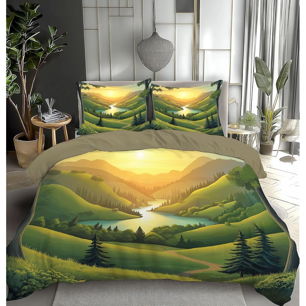 MULERN Parure de lit Coucher De Soleil Collines, Parure de Couette pour Enfants, Paysage Plantes Douce Microfibre Respirante 240x260cm Housse de Couette avec Fermeture éclair et 2 taie d'oreiller : Cuisine et Maison