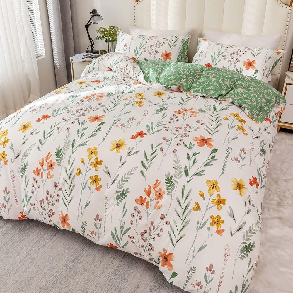 Housse de Couette 240 x 260 Coton Motif Fleurie Parure de Lit 100% Coton Imprimé Feuilles Vertes Adulte Parure Housse Couette 240x260 avec Fermeture Éclair 2 Personnes avec 2 Taies d'oreiller 65x65cm : Cuisine et Maison