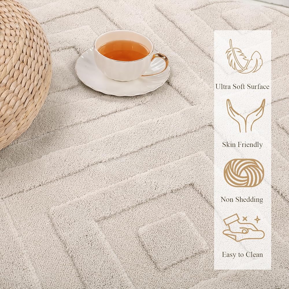Enyhom Grand tapis géométrique doux lavable en machine pour chambre à coucher - Design moderne - Antidérapant et résistant aux taches - Pour cuisine, salle à manger, salon (crème, 140 x 200 cm) : Cuisine et Maison