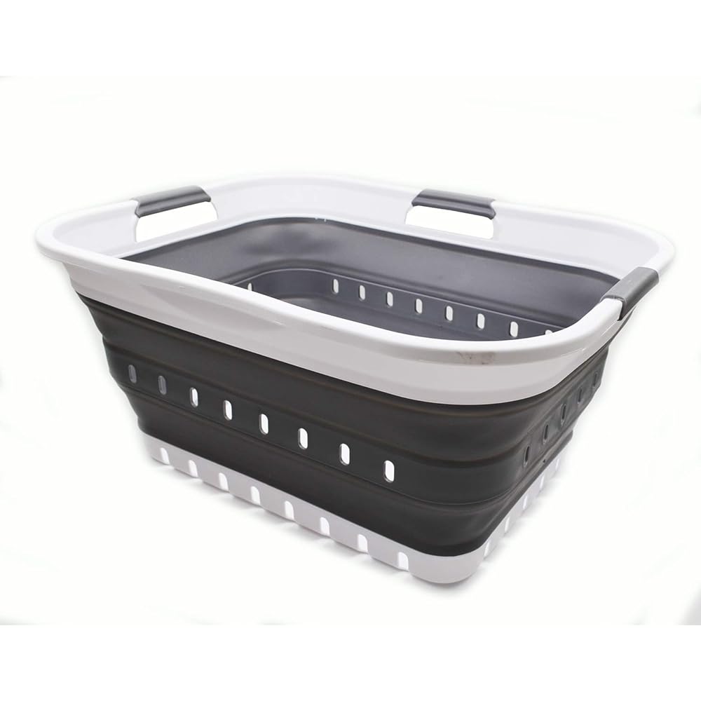 Sammart 42L Panier à linge pliable en plastique, utilisable comme bac de rangement ou de nettoyage, portable, gain de place, blanc/gris foncé : Cuisine et Maison