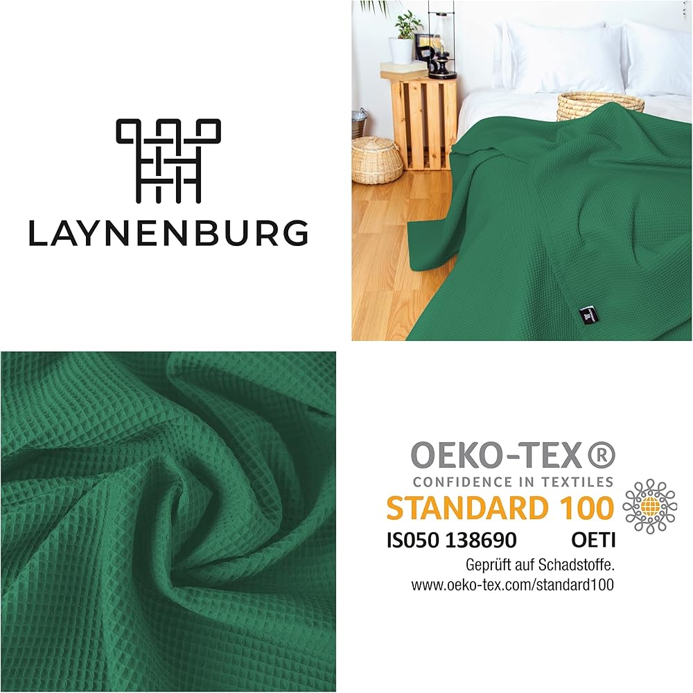 LAYNENBURG Couvre-lit 220 x 240 cm XXL - Piqué gaufré 100% Coton - Couverture légère pour l'été - Couverture en Coton pour Le lit, Le canapé - Couverture aérée pour Le canapé (Vert foncé) : Cuisine et Maison