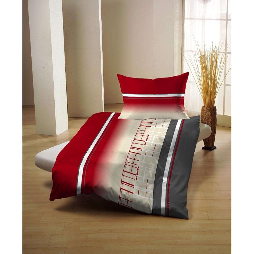 Gerald Wittmann Parure de Lit avec Housse de Couette en Piqué, 100% Coton, pour Lit 1 Personne, Rayures avec Carreaux, Rouge Beige/Crème Gris Blanc, 140x200 cm + 70x90 cm : Cuisine et Maison