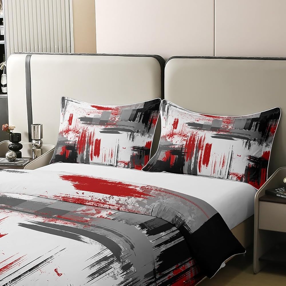 Homemissing Abstrait Literie Art Abstrait Moderne Parure de Lit Garçons Filles Enfants Rouge Gris Noir Motif Parure de Lit Housse de Couette 220x240cm Coton décoration de Chambre Literie 3 pièces : Cuisine et Maison