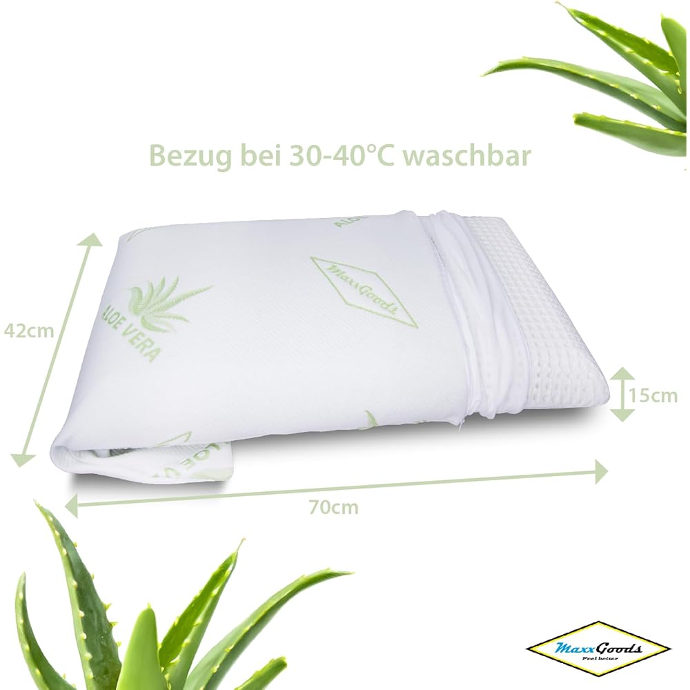 MaxxGoods Oreiller orthopédique, Coussin de Soutien Cervical en Mousse Visco-Gel avec Housse de Protection Aloe Vera &amp; Housse intérieure en 100% Coton (42cm x 70cm x 15cm) : Cuisine et Maison