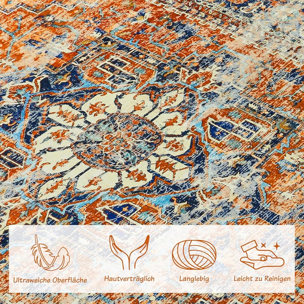 WONGS BEDDING Tapis de salon, 140 x 200 cm, style bohème à poils courts, pour salle à manger, chambre à coucher, lavable, antidérapant, en laine synthétique tapis, orange : Cuisine et Maison