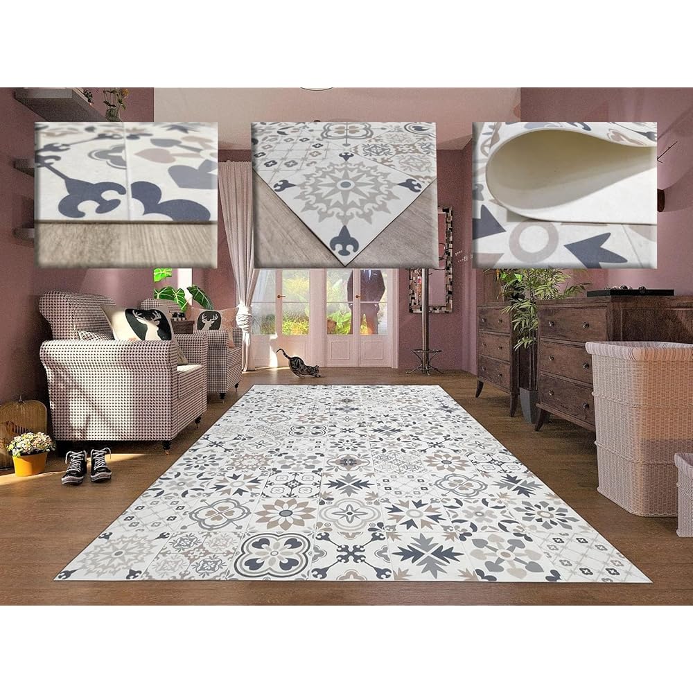 Tadi &amp; Imperio1979 Tapis Vinyle hydraulique en Carreaux réalistes, pour Salon, Couloir, Cuisine et Moquette sur Mesure, Couleur Beige avec Tons Bleu, doré et Orange. : Cuisine et Maison