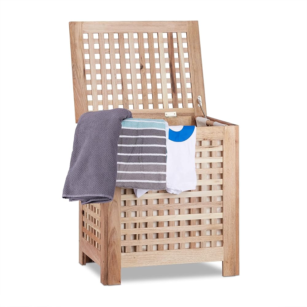 Relaxdays 10020619 Coffre à linge en noyer avec couvercle sac amovible 70 Litres panier à linge bois corbeille, nature - HxlxP: 55,5 x 52,5 x 39,5 cm : Cuisine et Maison