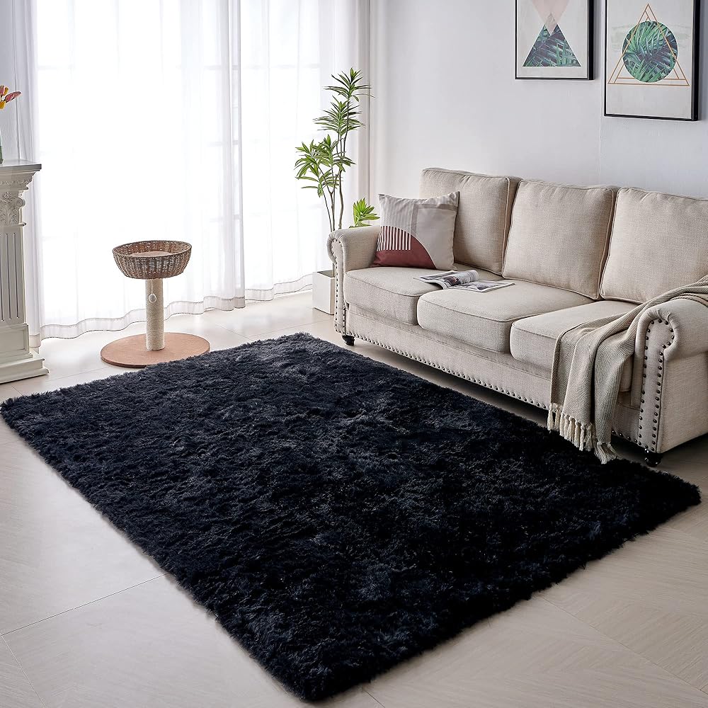 VOFUSHON Tapis Salon Shaggy Descente de lit Chambre Grande Taille Tapis avec Le Fond Antidérapant, Tapis Décoratif de Style Moderne pour Salon Chambre Canapé Natte(160 x 230 cm,Noir) : Cuisine et Maison
