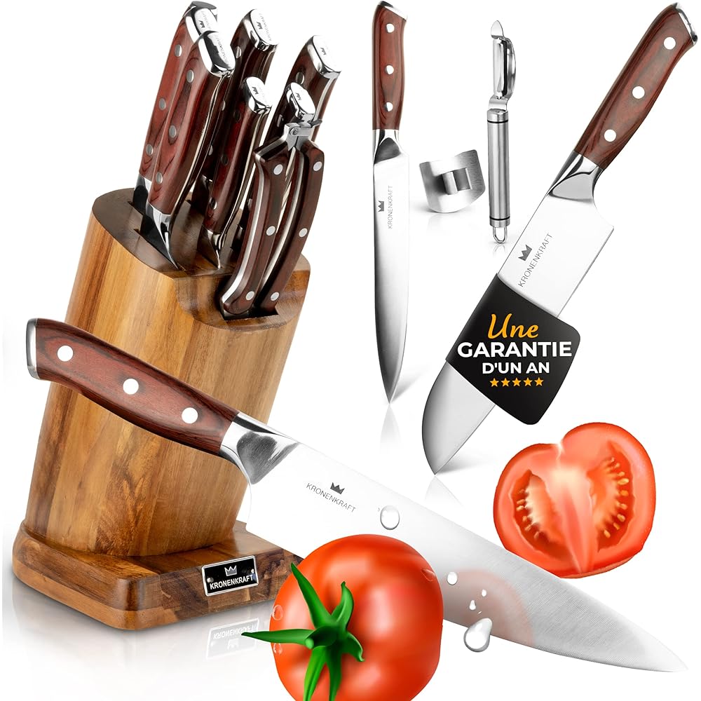 Set de Couteaux KRONENKRAFT® de 9 Pièces - Inclut Couteau de Chef, Couteau Santoku, et Plus - Fabriqué en Acier Allemand, Manche en Bois Pakka - Idéal pour Cuisine Professionnelle : Cuisine et Maison