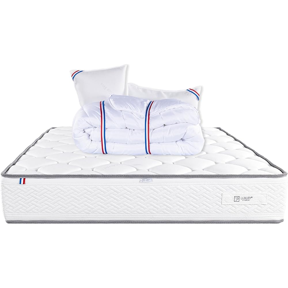 Luxury Literie Matelas 140x190 cm, Iris, 20 cm, mémoire de Forme, Ferme, Face été/Hiver + 2 oreillers + Couette : Cuisine et Maison