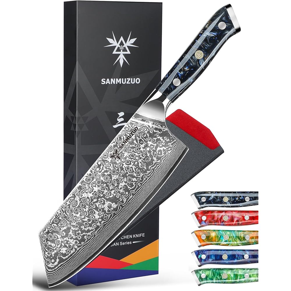 SANMUZUO Damas Couteau Nakiri avec Lame 19 cm Professionnel Couteaux de Cuisine en VG-10 67 Couche Damas Acier avec Poignée en Résine(Noir étoilé) - Xuan Série : Cuisine et Maison