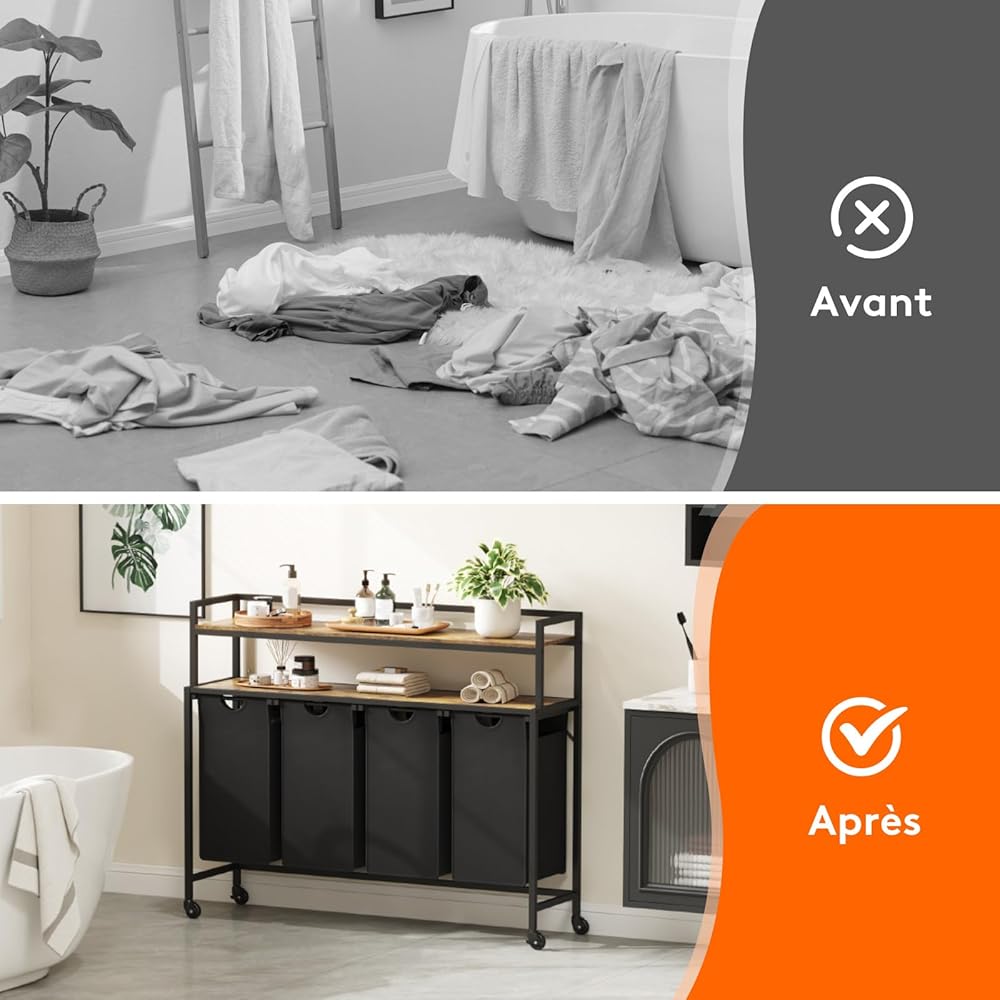 Lifewit Panier a Linge 4 Compartiments Roulettes 168L, Meuble Linge Sale avec Grande Étagère Supérieure et 4 Sac à Linge en Tissu Oxford, Bac à Linge pour Buanderie, Chambres, Salles de Bains, Noir : Cuisine et Maison