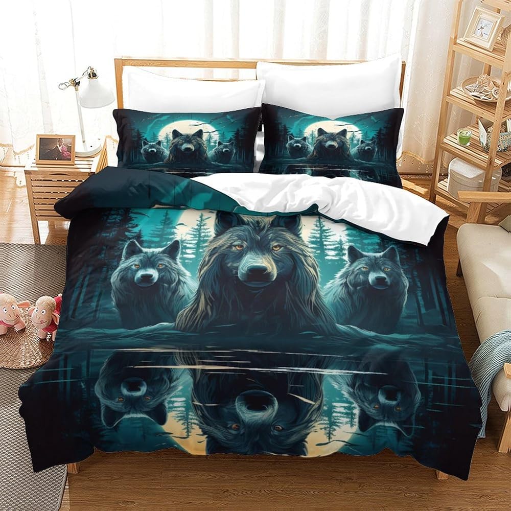 XAHEDOSGE Imprimé 3D Le Loup Ensemble De Literie avec Microfibre Super Douce Et Respirante Set De Housse De Couette 3 Pièces avec Taies d'oreiller Super King（260x220cm） : Cuisine et Maison