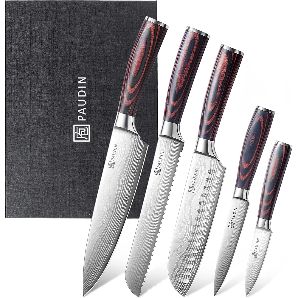 PAUDIN Set Couteau Cuisine Professionnel, 5 Pièces Ensembles de Couteau Japonais Tranchants, Acier Inoxydable, Couteau de Chef Santoku Universel Fruit Pain, Manche en Bois : Cuisine et Maison