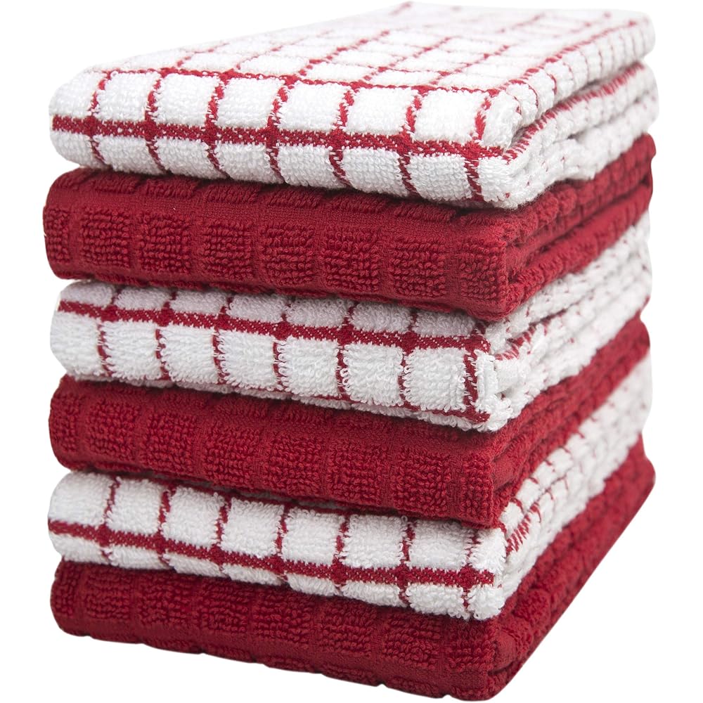 Lot de 6 torchons de Cuisine 40,6 x 71,1 cm | Torchons de Cuisine très absorbants, Doux avec Boucle de Suspension | Coton Naturel filé à l'anneau | 380 g/m² | Motif à Carreaux Rouges : Cuisine et Maison