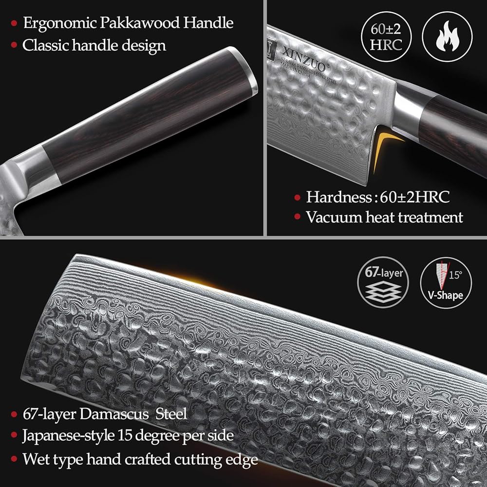 XINZUO 17cm Couteau Nakiri Acier Damas, Couteau à Légumes Chef en 10Cr15CoMoV Acier Damas, Professionnel Finition Martelée Lames Bien Tranchantes avec Poignée en Bois de Pakka -He Série : Cuisine et Maison