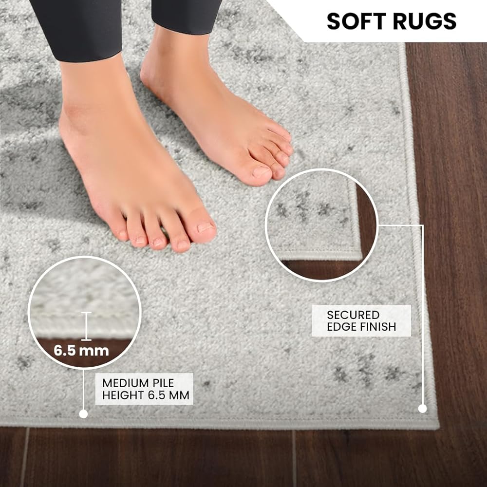 Livabliss Syracusa Tapis Vintage - Tapis de Salon, Salle à Manger, Chambre, Cuisine - Boheme Chic, Design Traditionnel Oriental Multicolore, Coloré Poil Court 160x220 cm - Gris et Ivoire : Cuisine et Maison