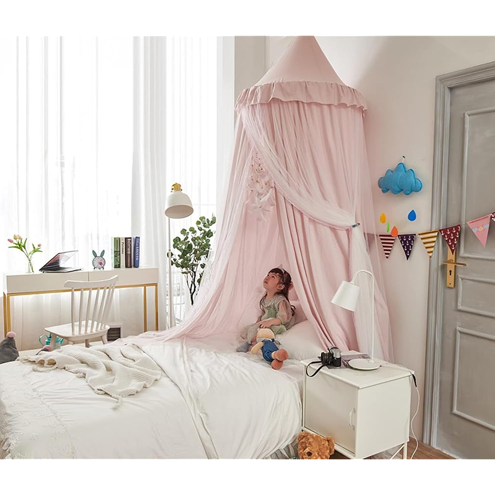 HUOQOU Baldaquin de lit pour Filles Double Couche Princesse Dôme Rond Enfants Moustiquaire rêveuse Linge Château Tente de Jeu Maison Suspendue Décor Niche de Lecture Baldaquins(Rose/Blanc) : Bébé et Puériculture