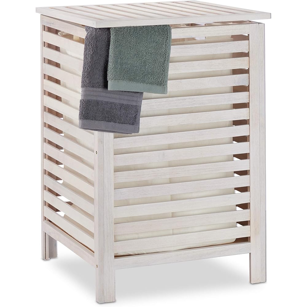 Relaxdays Panier à linge en noyer, corbeille à vêtements avec couvercle, 52 L, vintage, sac amovible, blanc : Cuisine et Maison