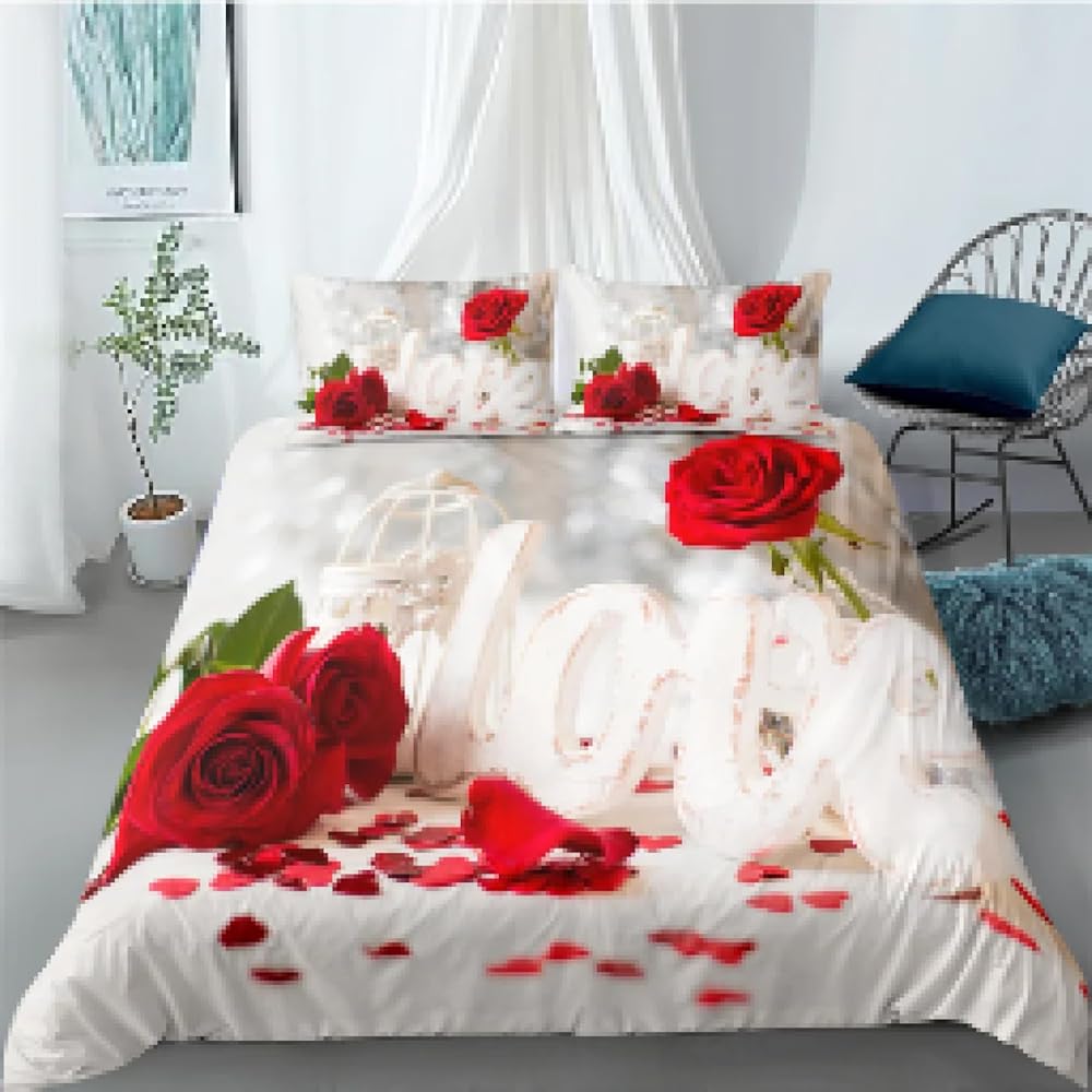 ZXBNNN Housse de Couette en Polyester à Motif Floral, Motif cœur d'amour, Rose Rouge, Roi, Reine, Parure de lit pour la Saint-Valentin, Mariage, Couple, Fleurs, 210 x 210 cm x 1/70 x 70 cm x 2 : Cuisine et Maison
