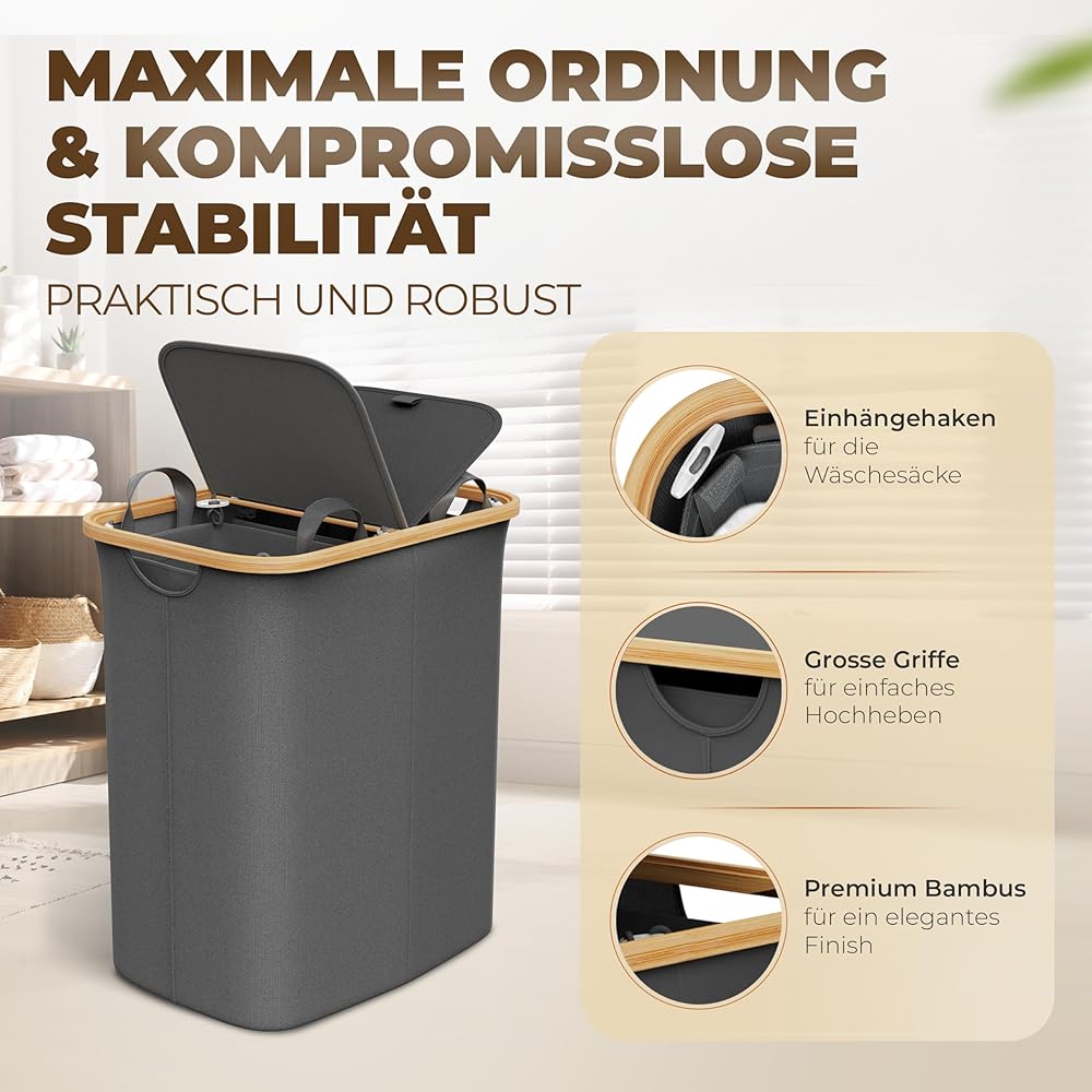 Panier à linge 2 compartiments avec couvercle,100 litres,Tissu bambou gris,Grand,Panier à linge avec couvercle,Panier à linge,Gris foncé,Anthracite,Noir,Laundry Hamper,Celeko foncé,100 l : Cuisine et Maison
