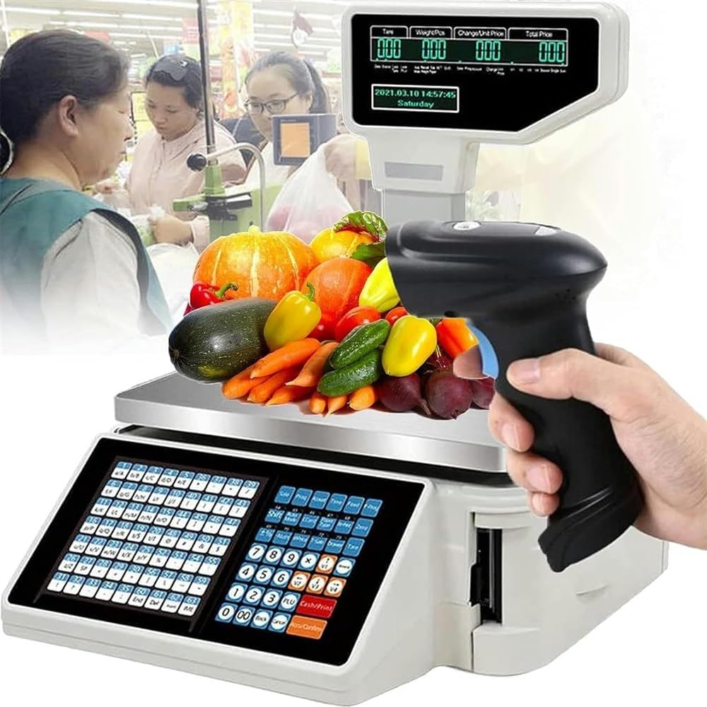 Balances d'impression d'étiquettes, balances numériques à Codes-Barres, Double Affichage Avant arrière, 63 Touches de Raccourci for Le Pesage de supermarché/Magasin de détail/entrepôt : Cuisine et Maison