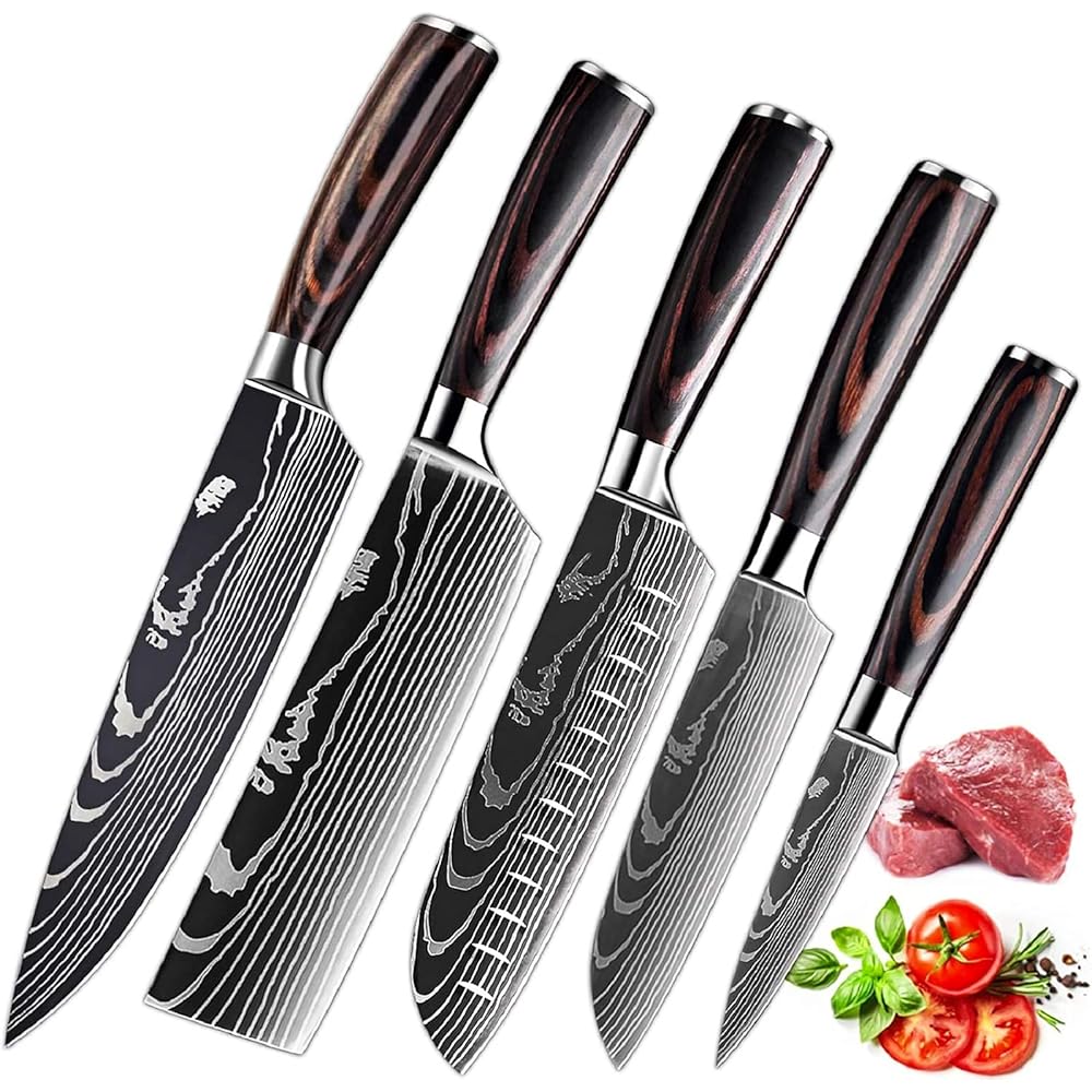 MDHAND Couteaux de Cuisine, Couteau Japonais Tranchant en acier inoxydable en plusieurs tailles avec Poignée confortable, Couteau de Chef Antirouille Cuisine et Cadeau Disponibles (5PCS) : Cuisine et Maison