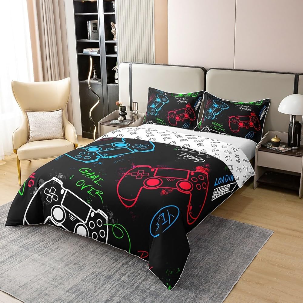 Homewish 100% Coton Biologique, Garçon Housse de Couette 220x240 Manette de Jeux, Ensemble de Literie Réversible pour Console de Jeux, Parure de Lit Jeux Vidéo, Couvre-Lit Joystick Jeux, Noir : Cuisine et Maison