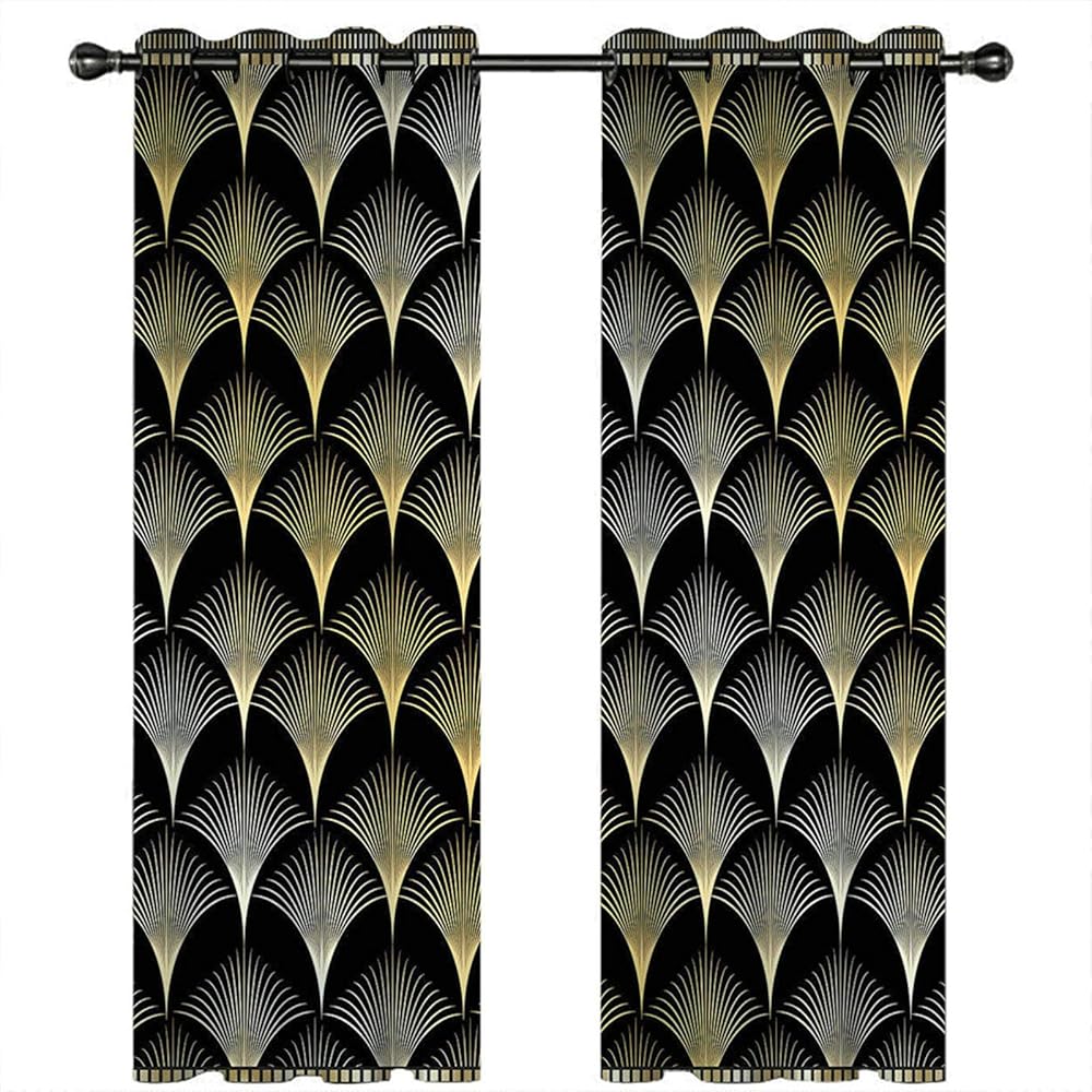 ANAZOZ Rideau Occultant Isolation Thermique 214x274CM, Noir Jaune Motif Art Deco, Lot de 2 Rideaux Fenêtre Draperies pour Salon Chambre : Cuisine et Maison