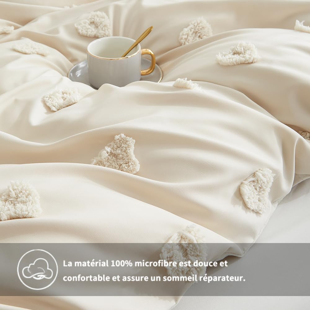 Freyamy Tuftée Parure de lit Bohème Housse de Couette 220x240 Broderie à la Main Parure de lit 2 Personne en Microfibre avec Fermeture Beige Ensemble de literie avec 2 Taie d'oreiller 65 x 65 Filles : Cuisine et Maison