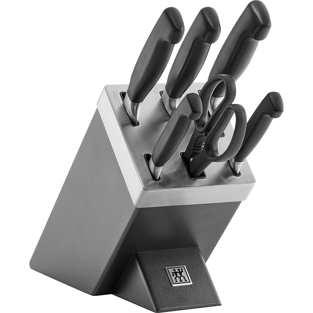 ZWILLING Bloc de Couteaux SharpBlock (7 pièces) avec Affûteur Intégré, Bloc Gris en Bois de Frêne, Couteaux/Ciseaux, Acier Inoxydable, Manche Noir, série Four Star : Cuisine et Maison