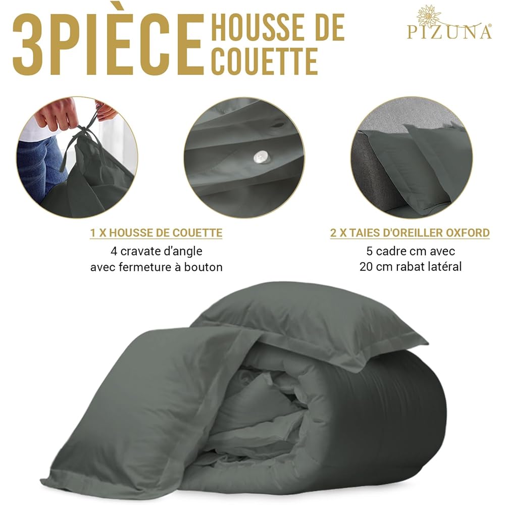 Pizuna Coton Luxueux Ensemble de Housses de Couette 240x220 cm 2 Personnes Gris Fonce, Tissu de Satin de Coton à 800 Fils au Pouce carré Housse de Couette Respirante avec Fermeture à Boutons : Cuisine et Maison