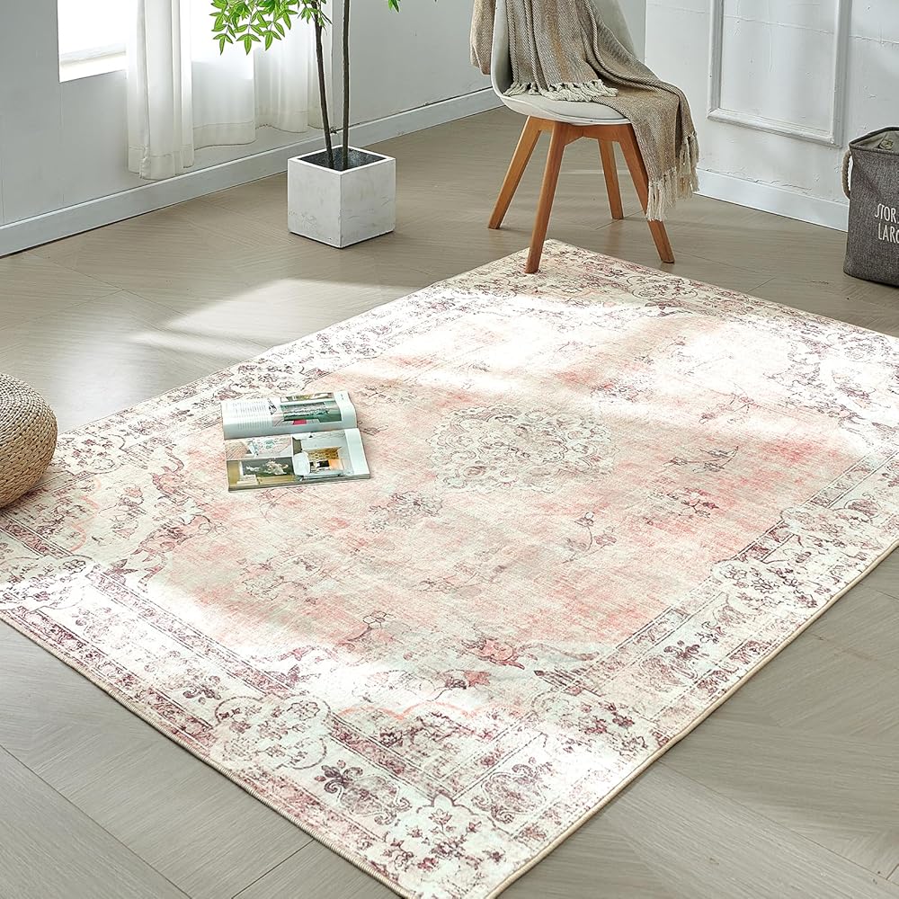 Xfrog Grand Tapis Traditionnel Lavable en Machine à Poils Courts antidérapant pour Salon, Bureau, Cuisine, Salle à Manger - Rose Clair - 160 x 230 cm : Cuisine et Maison